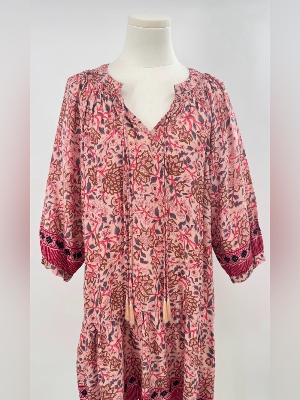 Natalie Martin Floral Dress Red Pink Mini Ruffle Tunic Tassel S